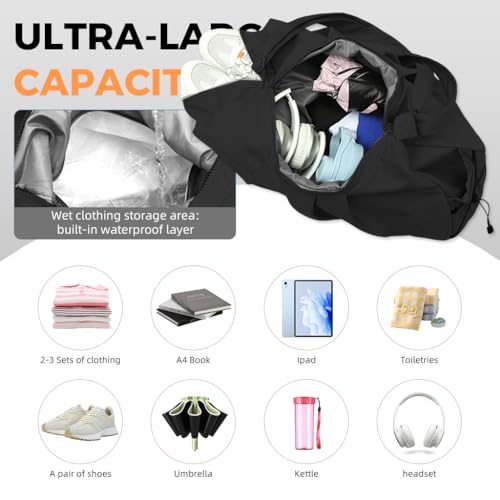 PALAY® Women Gym Bag Waterproof Nylon Carry-on with Shoe Compartment Travel Duffle Shoulder Adjustable Strap Multi Use Casual for Trip Black 3 PCS