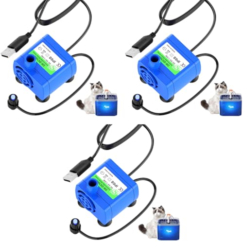 Qpets® Pet Water Fountain Pump Silent Upgraded USB Air with LED Indicator Light Automatic Power Outage After Shortage 5V Replacement 160L/h Max 3PCS