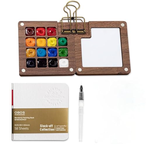 HASTHIP® Tear-off Pocket Water Painting Book,3.5'' Art Sketch Book with 15-grid Mini Wooden Color Palette,Brush Pen & Binder Clip Travel Mini Art Paint Children's Day Gift Birthday Gift