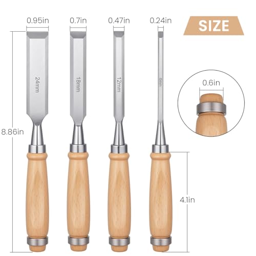 Serplex® Bevel Edge Craft Chisel Set Multi Sizes 12PCS for Woodworking Durable Chrome Vanadium Steel Blades with Ergonomic Wooden Handles for Carving Shaping and Detailing