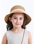 SNOWIE SOFT® Straw Hat for Kids Hat for Girls Summer Sun Hat with Mini Shoulder Bag Combo, Toddler Wide Brim Straw Girls Cap Floral Lace Bowknot Beach Hat for Girls Birthday Gift for 4-5 Years Olds