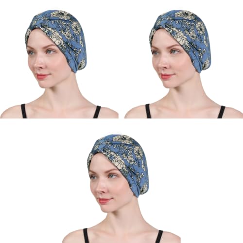 SANNIDHI® Chemo Caps Cotton Head Scarf Floral Print Cancer Headwrap Soft Turban Beanie Skull Cover Satin Liner Blue 3PCS