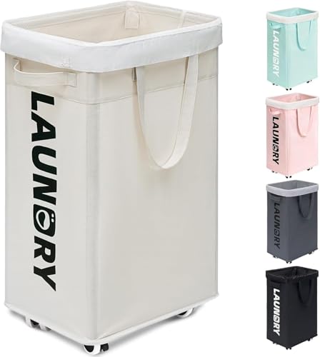 HASTHIP® 75L Laundry Basket Hamper with Wheels and Removable Mesh Bag, Laundry Baskets on Wheels for Bedroom, Dorm, Clothes Hamper Organizer with Handle, 15.7 * 11.8 * 26.8IN White