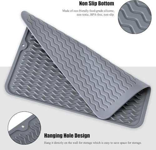 ZIBUYU® Kitchen Silicone Drain Pad, Sink Drying Mat, Wavy Drainage Grooves Pattern, Quick Dry Drying Pad with Hanging Hole, Kithen Utensils Cup Drying Pad, 40x30cm