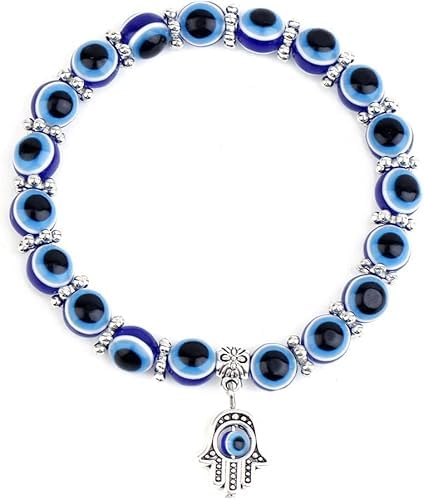 ZIBUYU® Evil Eye Protection Bracelet – Stretch Blue Bead Hamsa Hand of Fatima & Turkish Nazar Boncuk Charm
