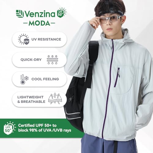 Venzina® Men's Lightweight Athletic Jacket Stylish UPF 50+ Sun Protection Top Quick Dry Full Zip Hoodie with Back Air Vent & Chest Zip Pocket, Waterproof UV Workout Coat for Outdoor, Smoke Gray, 2XL