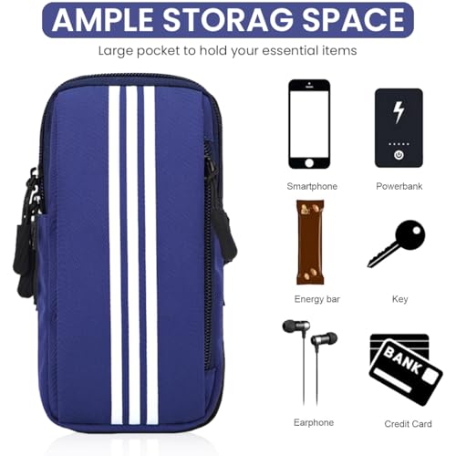 Optifit® Waterproof Phone Armband Arm Holder for Running Jogging Hiking Anti-Slip Breathable with Adjustable Elastic Strap Zipper Pocket for Keys Earbuds Fits Up to 6.7 Inch Smartphone Blue 2PCS