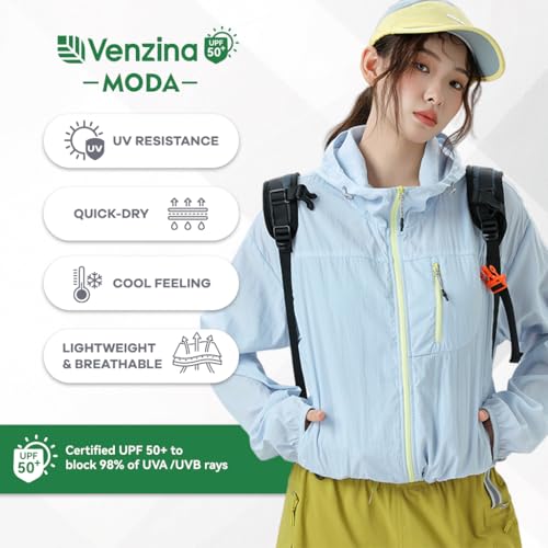 Venzina® UFP 50+ Sun Protection Jacket Stylish Cropped Sunscreen Top for Women Ultra-light Quick Dry Hoodie with Back Air Vent & Chest Zip Pocket, Water-Proof UV Coat for Outdoor/Travel, Sky Blue, L