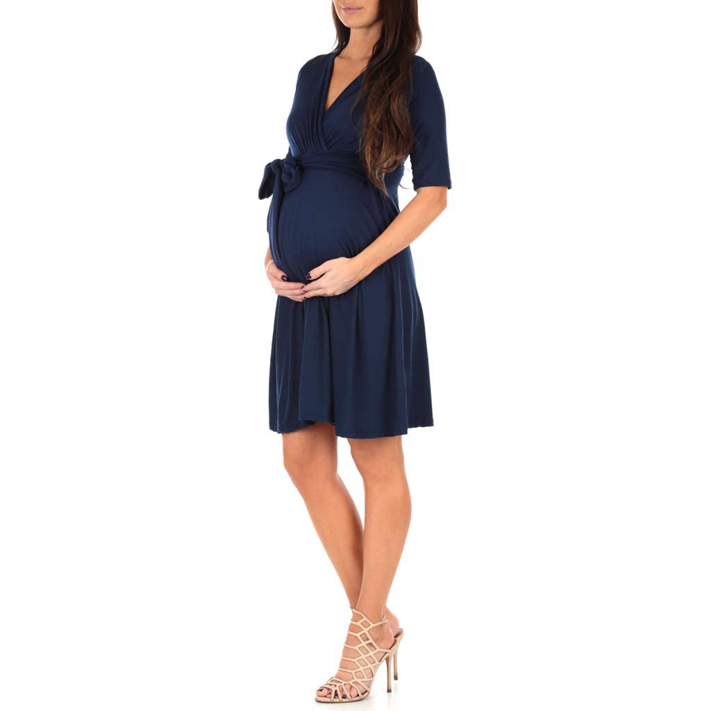 PALAY® Maternity Dress for Women with Fasten Belt, Stylish V-Neck Pregnancy Dress for Nursing Pre and Post Pregnancy, Knee Length Western Maternity Dress (L)