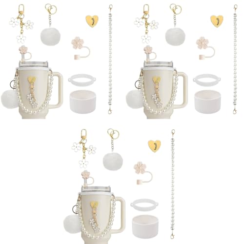 HASTHIP® For Stanley Cup Accessories Charm Kit Set 21PCS Sakura Silicone Straw Cap White Pearl Chain Handle Bottom Sleeve Cup NOT Included