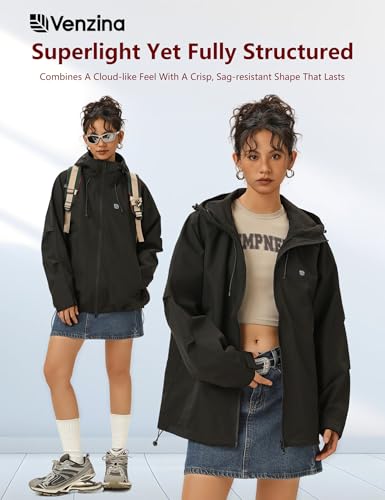 Venzina® Outdoor Hiking Jacket for Women Windproof, Splashproof Hoodie with Pockets, Dual-Way Waterproof Zipper, Loose Fit Long Sleeve Fashion Outdoor Couple Jacket for Hiking, Daily-Black-S