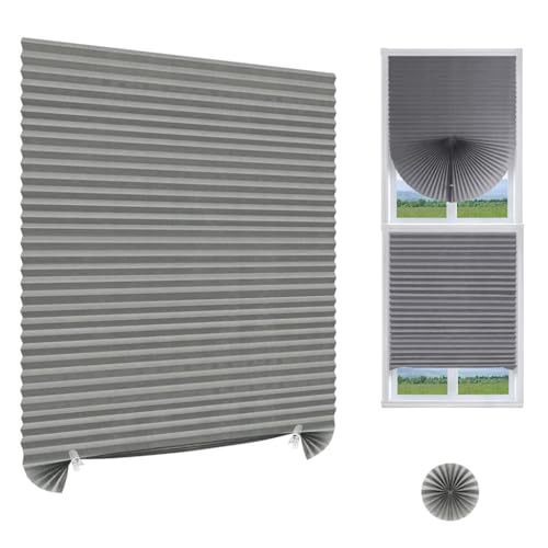 HASTHIP® Blinds for Windows Without Drill - Cut to Size Clip On Stick On Self Adhesive Temporary Blinds Pleated Paper Blind for Windows Doors Shades for Home Bedroom Kitchen Bathroom-Grey