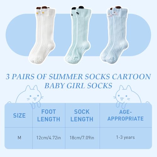 SNOWIE SOFT® 3 Pairs Baby Girls Polyester Cotton Mesh Knee High Breathable Summer Cartoon Socks Stockings Gift 1-3 Years Old 3PCS