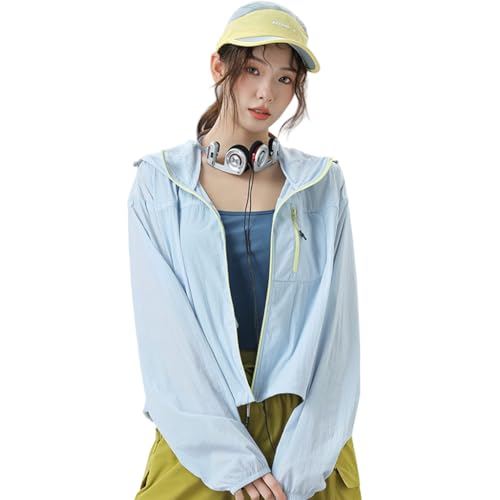 Venzina® UFP 50+ Sun Protection Jacket Stylish Cropped Sunscreen Top for Women Ultra-light Quick Dry Hoodie with Back Air Vent & Chest Zip Pocket, Water-Proof UV Coat for Outdoor/Travel, Sky Blue, M