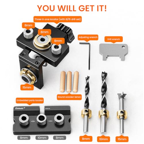 Serplex® 3 in 1 Dowel Jig Drill Kit, Woodworking Dowel Drilling Guide Set with 8/10/15mm Hole Dowel Pins, Adjustable Pocket Hole Jig Kit with Positioning Clip Adjustable Drill Guide Puncher Locator