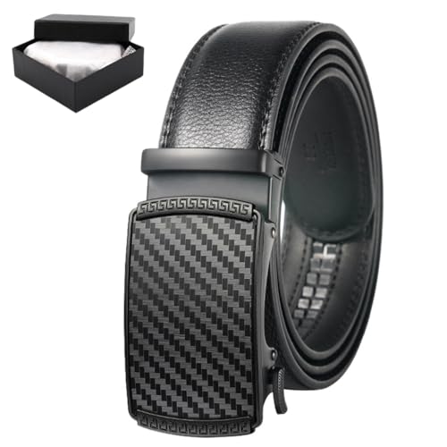 GUSTAVE® Men's Leather Belt Automatic Ratchet Buckle Slide Belt for Dress Casual Trim to Fit with Gift Box - 130cm, Black