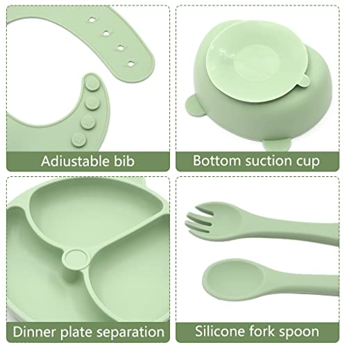 SNOWIE SOFT® 7Pcs Silicone Plates for Babies Silicone Baby Feeding Set, Baby Food Bowl, Suction Plates with Lid, Snackcup, Cup, Adjustable Baby Bib, Spoon, Fork, BPA-Free Dishwasher & Microwave Safe