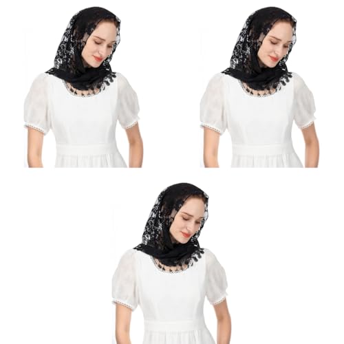 PALAY® Triangle Lace Mantilla Veil Head Scarf Church Mass for Women Embroidery Rose Tassel Ladies Cathedral Covering Wedding Bridesmaids Black 3PCS