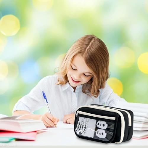 ZIBUYU® Student Pencil Pouch Fashion Multi-Layer Cloth Case Bag with Clear Mesh Pockets School Office Stationeries Storage Scrapbooking Accessories Organizer Black 3 PCS