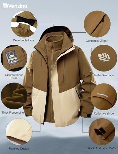 Venzina® Men's 3-in-1 Outdoor Hiking Jacket, Lightweight Windproof Waterproof Jacket with Detachable Fleece Liner for Winter Sports, Camping, Travel, Army Brown-M
