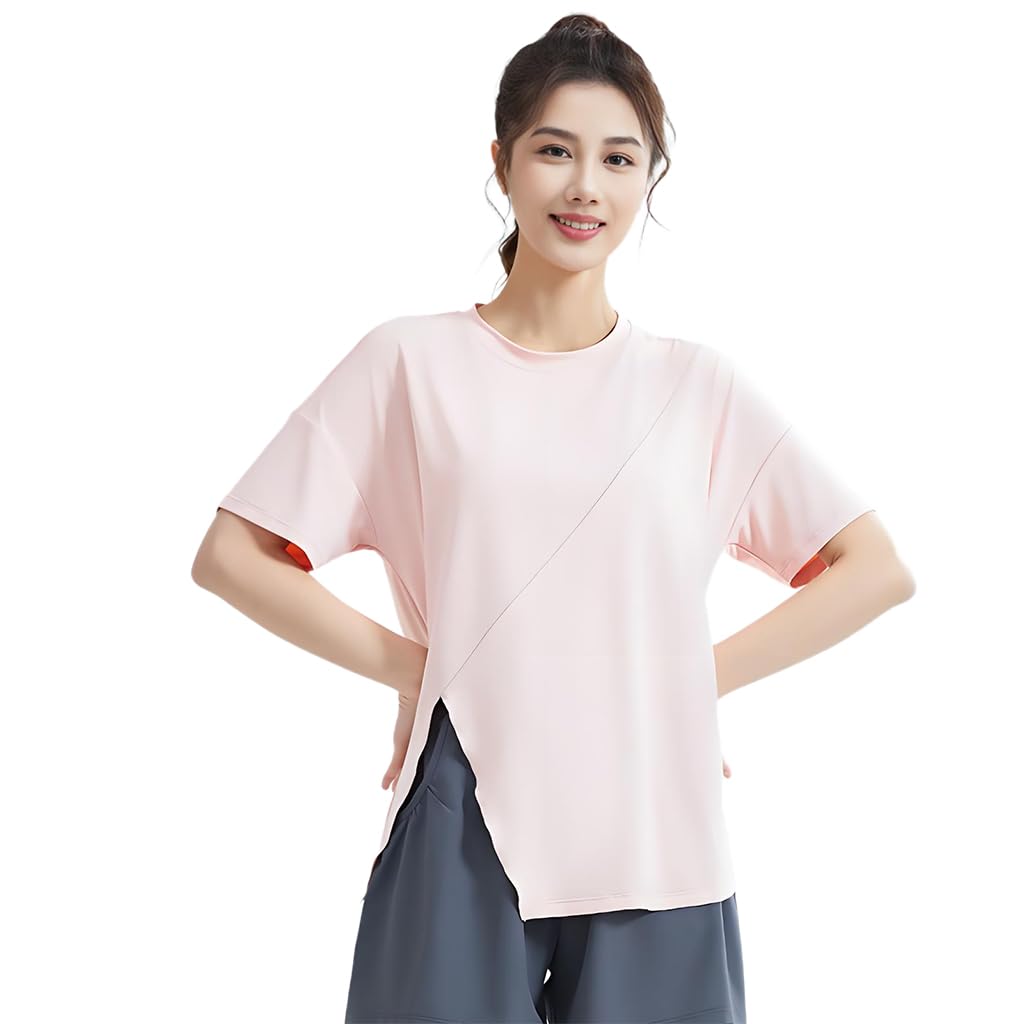 SANNIDHI® Women's Short Sleeve Workout Shirts Breathable Activewear Yoga T-Shirts with Side Slits Gym Athletic Tee Tops, L
