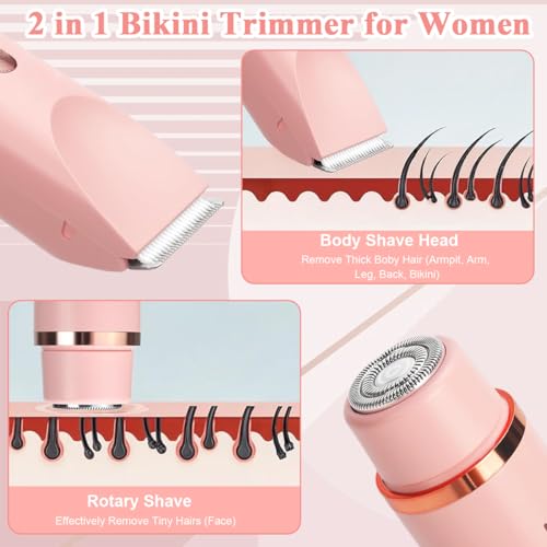 MAYCREATE Electric Shaver for Women 2 In 1 Dual Head Electric Razor USB Cordless Hair Trimmer Shaver IPX7 Waterproof Wet & Dry Use Painless Bikini Trimmer for Bikini Lines, Face Hair, Legs, Under Arm