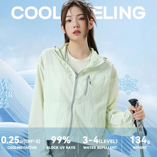 Venzina® UPF 50+ Sun Protection Jacket Stylish Cropped Sunscreen Top for Women Ultra-light Quick Dry Hoodie with Back Air Vent & Chest Zip Pocket, Water-Proof UV Coat for Outdoor, Travel, Gym, Mint, L