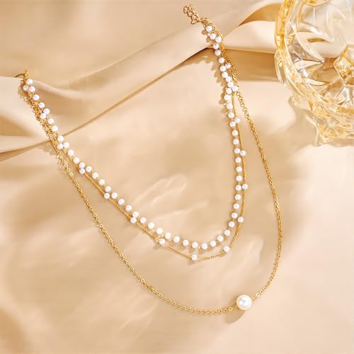 SANNIDHI® Pearl Necklace for Women 3PCS Gold Layered Pearls Choker Necklaces Jewelry Set Gifts
