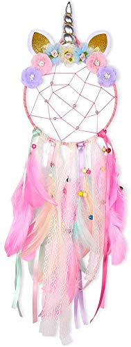 Supvox® Cotton Thread, Shiny Pearls Net Unicorn Dream Catcher Colourful Feather Handmade Dream Catchers (Pink)