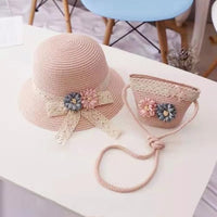 SNOWIE SOFT® Straw Hat for Kids Hat for Girls Summer Sun Hat with Mini Shoulder Bag Combo, Toddler Wide Brim Straw Girls Cap Floral Lace Bowknot Beach Hat for Girls Birthday Gift for 4-5 Years (Pink)