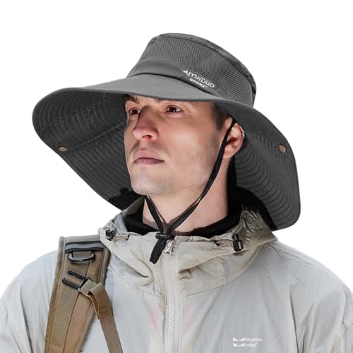 Proberos® UPF50+ Sun Hat for Men Women Breathable Wide Brim Mesh Hat Lightweight Quick Dry Booney Hat Fishing Hat with Chin Strap Outdoor Sun Hat for Hiking, Travel, Grey