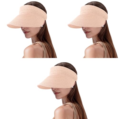 PALAY® Straw Cap for Women Wide Brim Sun Hat Packable Adjustable Pink 3PCS