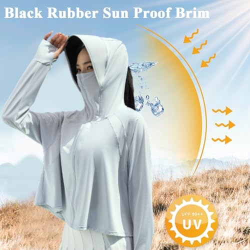 PALAY® Sun Protection Jacket for Women UPF 50 Plus Black Coating Wide Brim Hat Lightweight Full Zip Up Outdoor Running Hiking Hoodie with Face Mask Grey 2 PCS