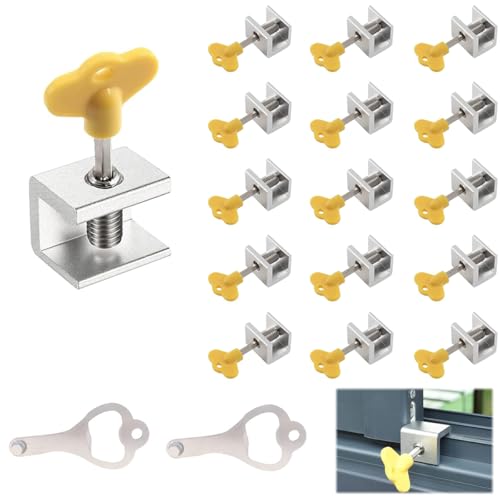 SNOWIE SOFT® 16Pcs Sliding Window Key Locks, Security Window Lock Aluminum with Key, Window Stoppers for Slide Door, Adjustable Security Locks, for Kids Room Hung Security Lock Stoppers, Silver