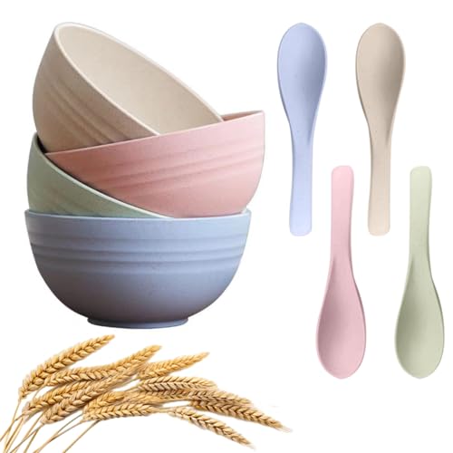 Supvox® Wheat Straw Fiber Lightweight Cereal Bowls Set of 4, Unbreakable E-Co Friendly Lightweight Bowl with Spoons, BPA-Free, Microwave Safe Bowls for Kitchen (Tableware 350ML)