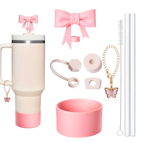 HASTHIP® For Stanley Cup Set of 9Pcs Stanley Cup Accessories Charms Cute Bow Straw Cap, 2 Straight Straws, Cleaning Brush, Butterfly Handle Charm, Cup Bottom Sleeve, Fashion Stanley Cup Decor Kit
