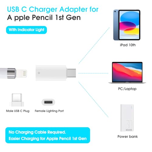ZORBES® USB C to Pencil Adapter for Apple Pencil 1st Gen USB-C Male Charging Connector for iPad 10th Generation Bluetooth Pairing Type C iPencil Charger 2 PCS