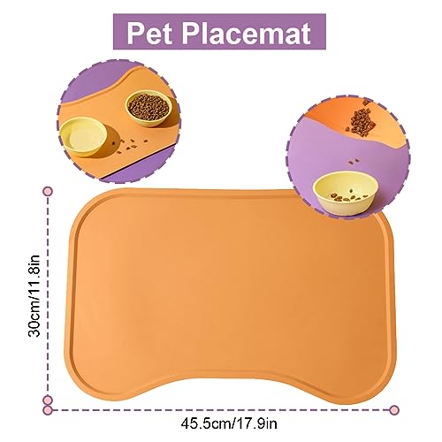 Qpets® Pet Feeding Mats, Cat Anti-slip Silicone Food Mat, Waterproof and Oil-proof Pet food Mat, Edge Curl Floor Food Tray, Strongly Adsorbed Ground Pet Placemat for Dogs Cats(45.5cm x 30cm, Orange)