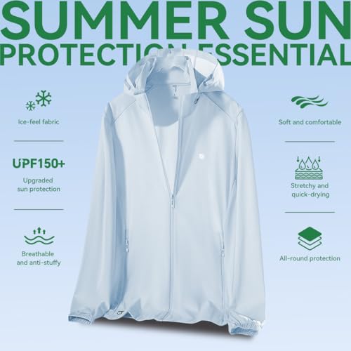 Venzina® UPF 150+ Sun Jacket for Women, Stylish UV Sun Protection Jacket, Cool Feel Quick Dry Sun Hoodie, Fashion Modern Fit with Removable Hat & Zip Pocket, for Driving, Camping, Riding, SkyBlue-L