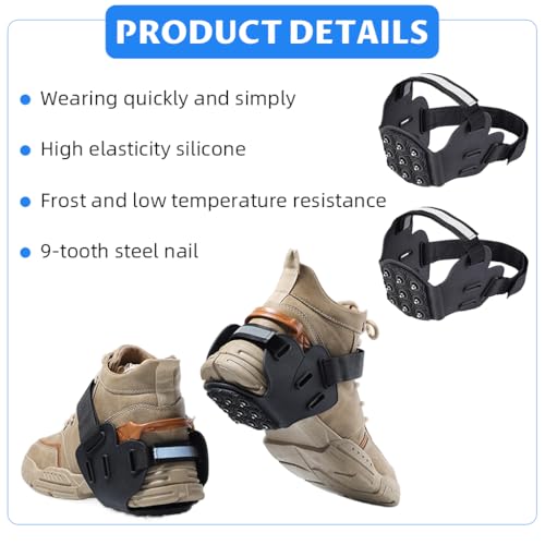 Proberos® Spikes Ice Crampons Shoe Grips, with 9 Steel Spikes and Reflective Strips, Stainless Steel Anti-Slip Traction Cleats for Winter Hiking, Mountain Roads, Outdoor Walking, for Shoe Size UK 7-10