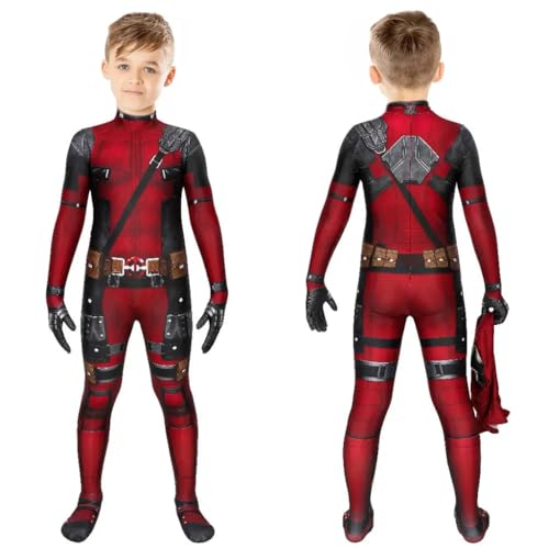FANCYKU® Kids Deadpool Costume Suit Mask Halloween Cosplay for Boys 3D Digital Print Jumpsuit Outfit Girls Christmas Gift Size 130cm Red Black Cotton 2PCS