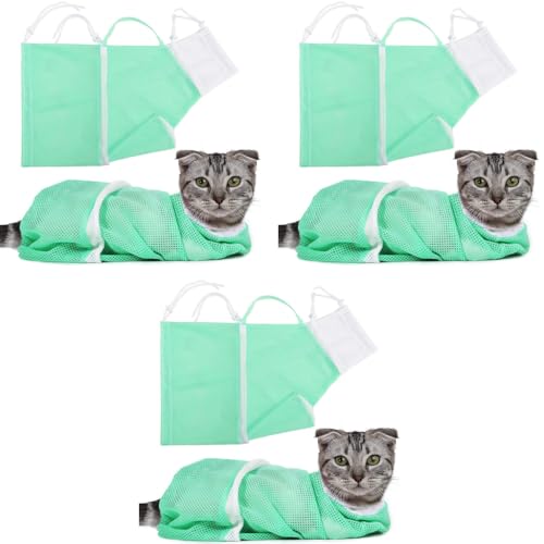 Qpets® 23 * 16 * 14 Inch Cat Bathing Bag Anti-Scratch Grooming Mesh for Nail Trimming Medicine Injection Adjustable Multifunctional Breathable Restraint Shower Green 3PCS