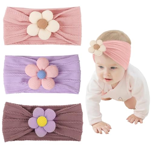 SNOWIE SOFT® 3Pcs Baby Headband Stretchy Cute Flower Baby Headband for Baby Girls Pretied Headband Headpiece for Baby Girls Shower Gift for Baby Girls