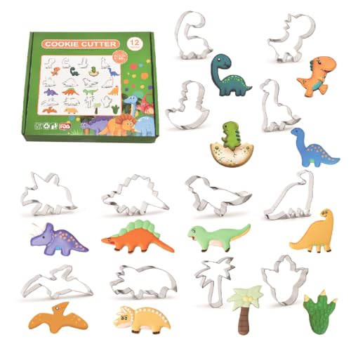 HASTHIP® Cartoon Dinosaur Cookie Cutters, Set of 12Pcs Stainless Steel Food Grade Biscuit Cutters Festive Christmas Cutter Molds, Child Baking Cutter Set for Group Activities, Party