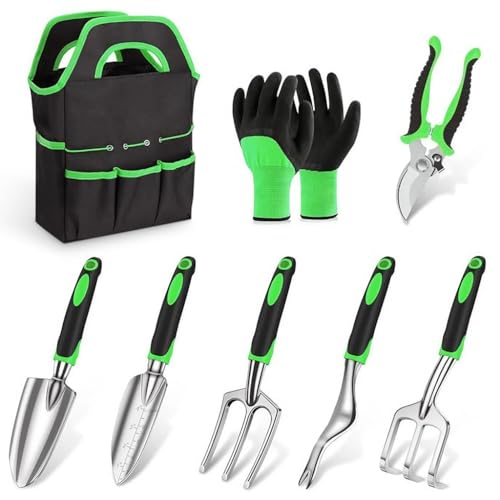 HASTHIP 8 Pcs Gardening Tools Set - Aluminum Alloy Steel - Garden Planting Tools - Gardening Tools Kit For Home Garden - Gardening Tools Kit Set - With Tote Tool Bag - Suitable For Garden Patio