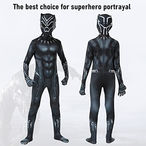 FANCYKU® Black Panther Mask Jumpsuit for Kids, 3D Digital Prints Black Panther Costume Toys for Children, Breathable Spandex Superhero Fancy Dress for Boys Girls Party Cosplay (for Height 115-125cm)