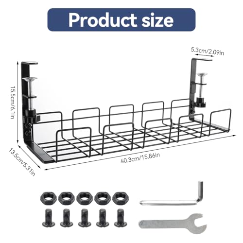 OFIFO® No Drill Under Desk Cable Management Tray, Space-Saving Rack, Sturdy Metal Wire Organizer Basket for Office and Home Standing Desk, 40x13x15cm (White)