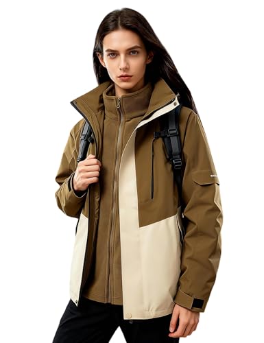 Venzina® Women's 3-in-1 Waterproof Windproof Jacket with Detachable Fleece Liner for Winter, Hiking, Travel & City Commute, Army Brown-M