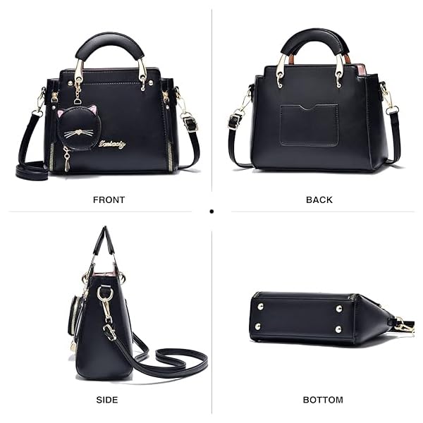 ZIBUYU® Hand Bag for Women Stylish PU Small Tote with Detachable Strap Cat Ear Pouch Crossbody Shoulder for Daily Use Black 24x10x18cm 2PCS