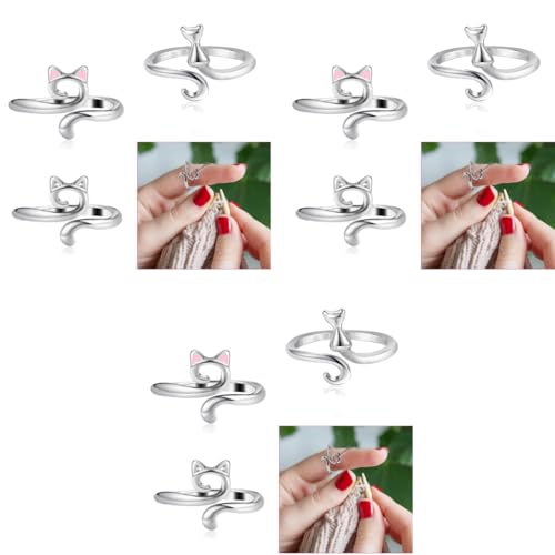 HASTHIP® 9PCS Crochet Rings for Tension Cute Cat Ring Adjustable Crochet Ring for Finger Metal Open Yarn Guide Crochet Rings Braided Faster Knitting Accessories for Crochet Mother Grandma Gifts